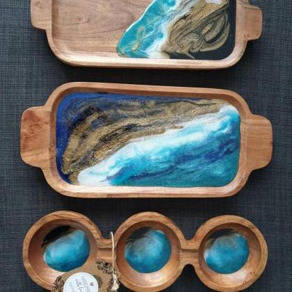 Serving Wooden Tray Beach Resin Art Work (3 Bowl..