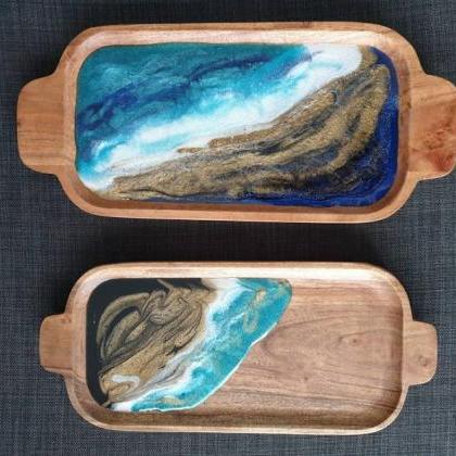 Serving Wooden Tray Beach Resin Art Work (large..
