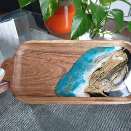 Serving Wooden Tray Beach Resin Art Work (large..