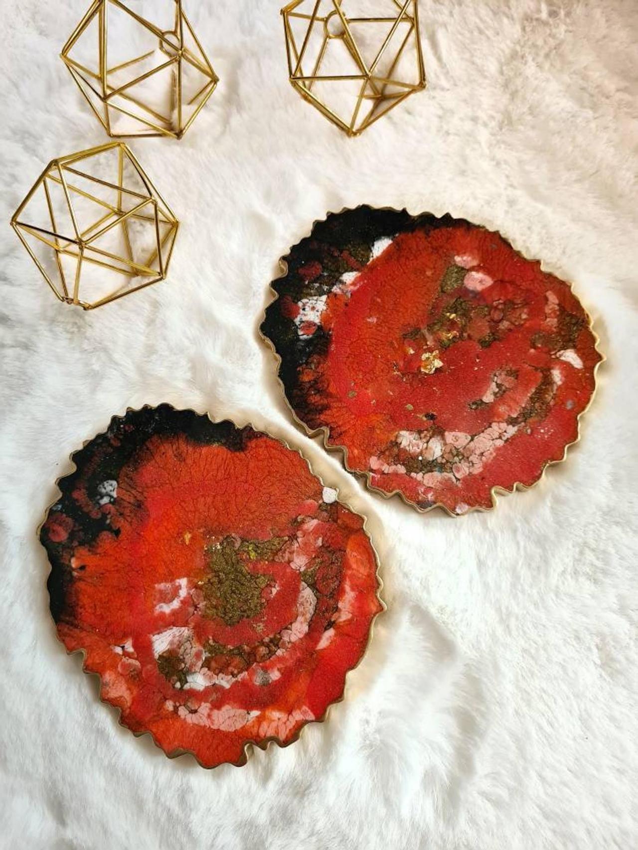 Orange Coasters With Black, White & Gold / 2 Sided Coasters With Flower Of Life Design / Great For Gifts - Set Of 2