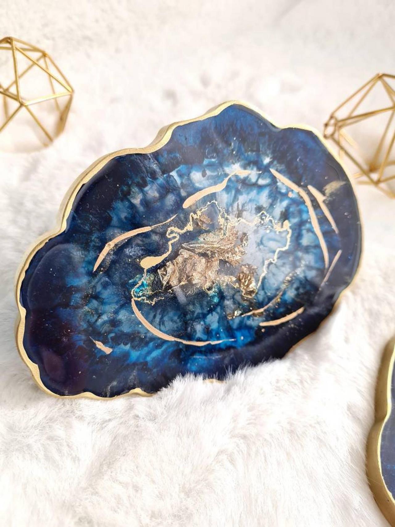 Deep Royal Blue Coasters Set of 2 / Golden or Silver Edges and Gilding Leaf/ great for Gifts Durable and thick/ Multi colours