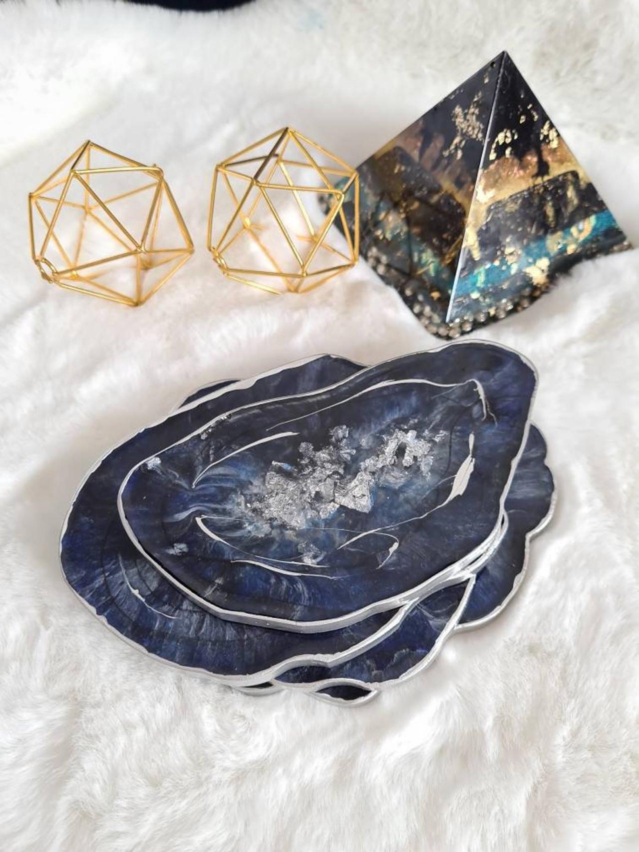 Geode Style Thick Silver And Blue Resin Coasters Set / Silver Gilding Leaf/ Gift Ideas - Set Of 2