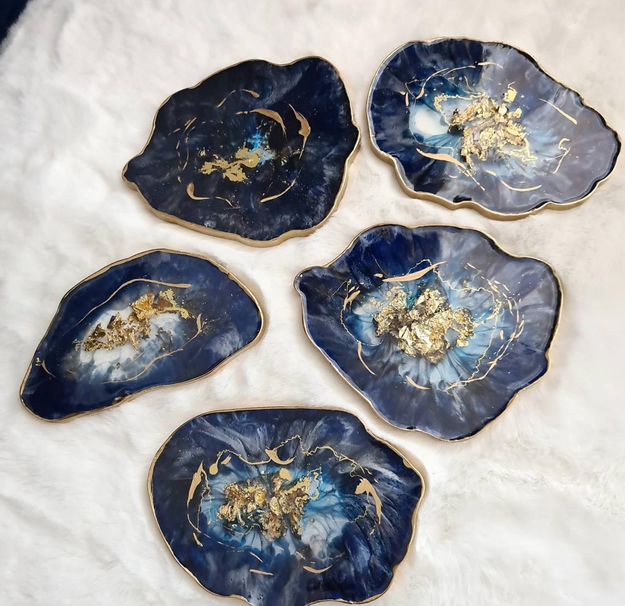 Stunning Blue Gold Or Silver Geode Style Resin Coasters Set/ Great For Gifts - Set Of 2