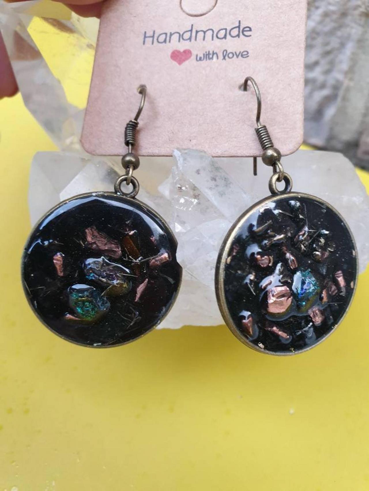 Orgone Earrings With Shungite, Copper , Pyrite/ Healing Energies/ Emf Protection/ Brass