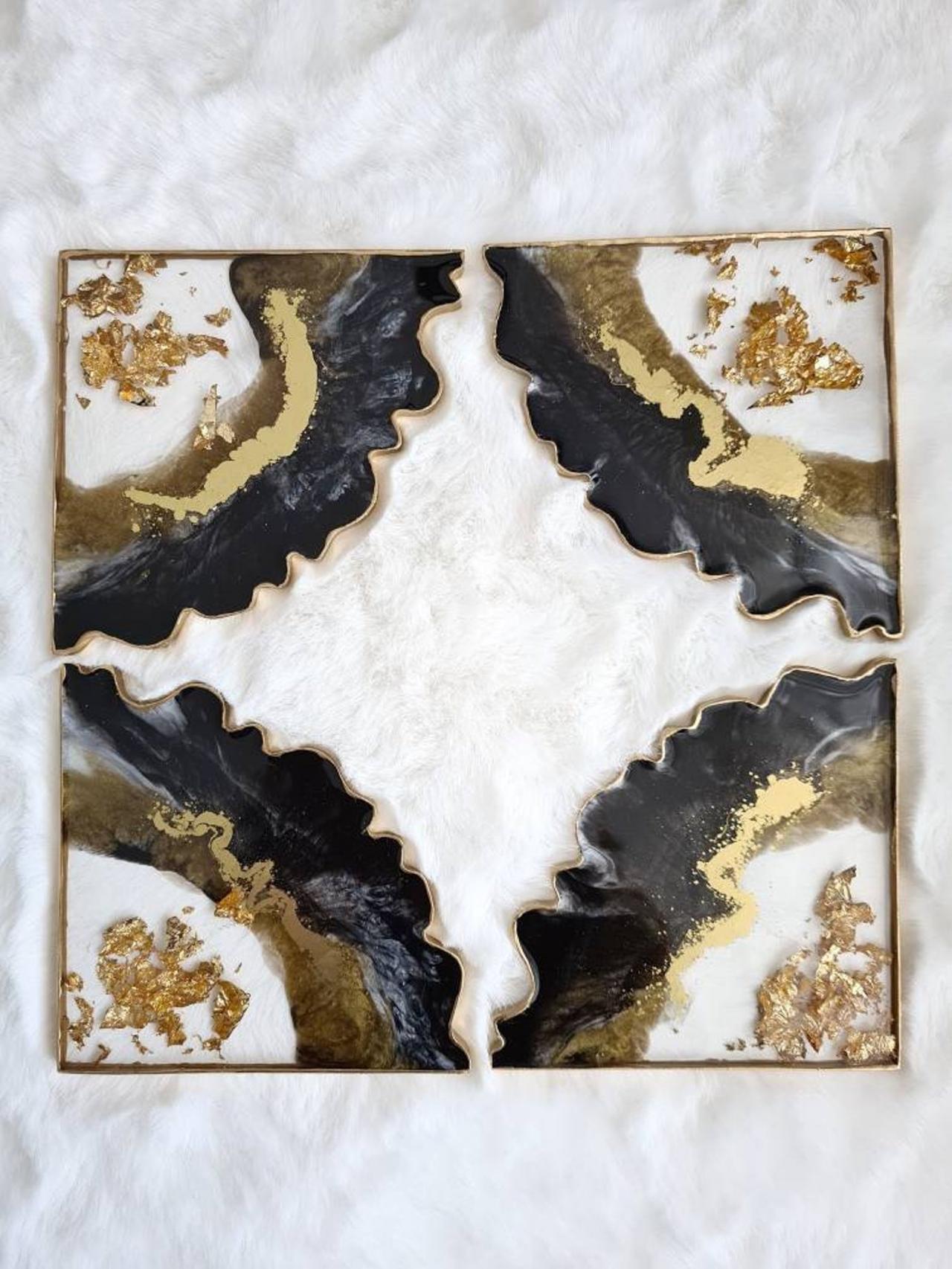 Gold Black And White Set Of Resin Coasters (set Of 2)