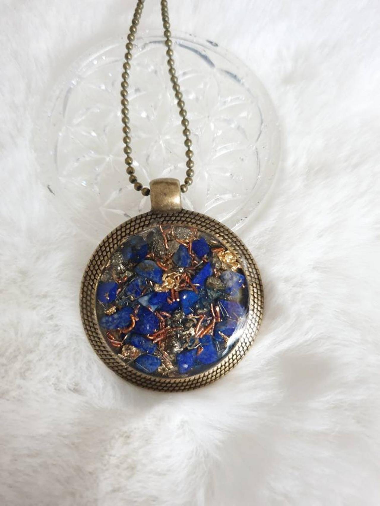 Lapis Lazuli Brass Pendant With Pyrite , Copper, Rose Quartz