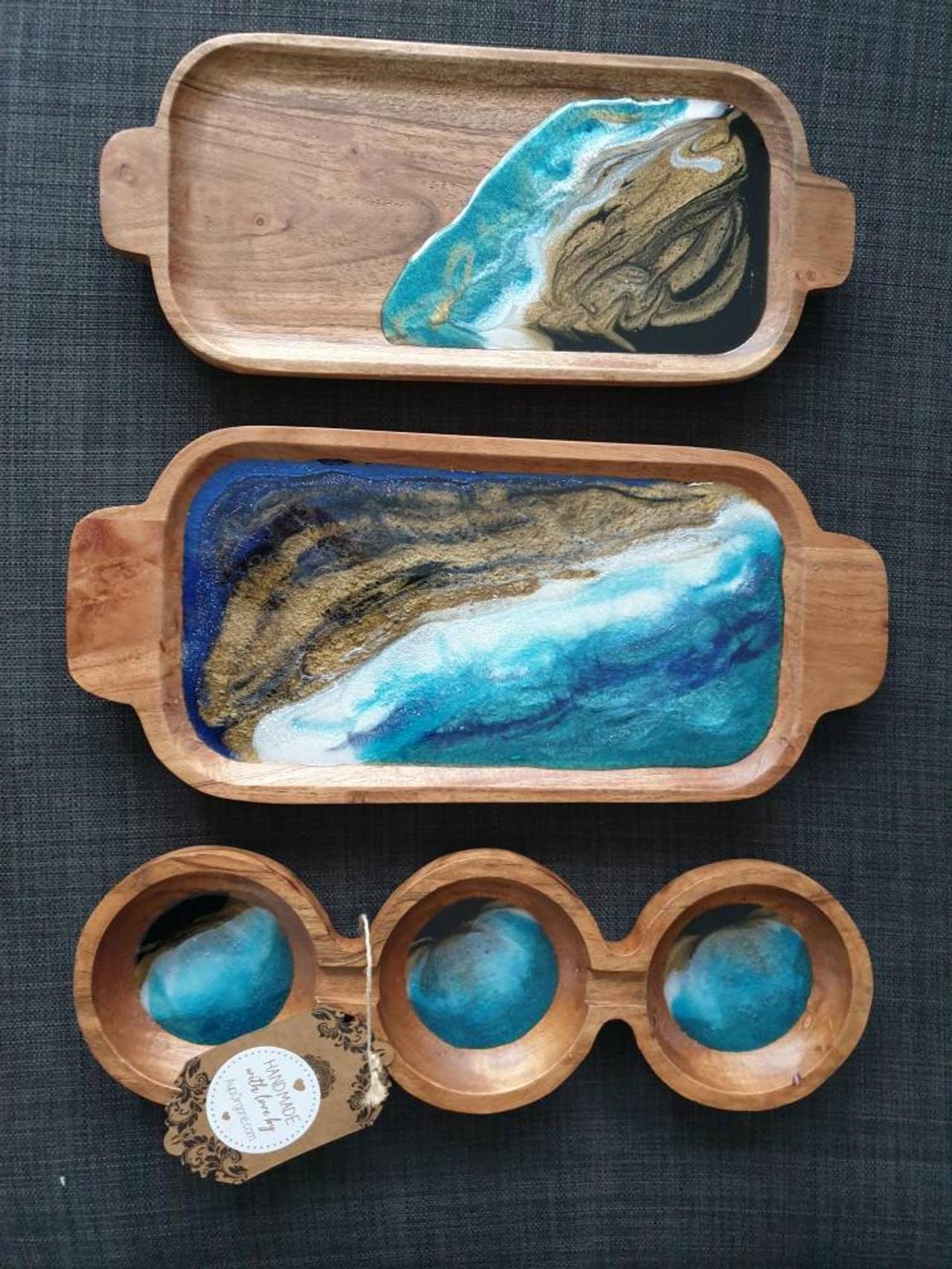 Serving Wooden Tray Beach Resin Art Work (3 Bowl Tray)