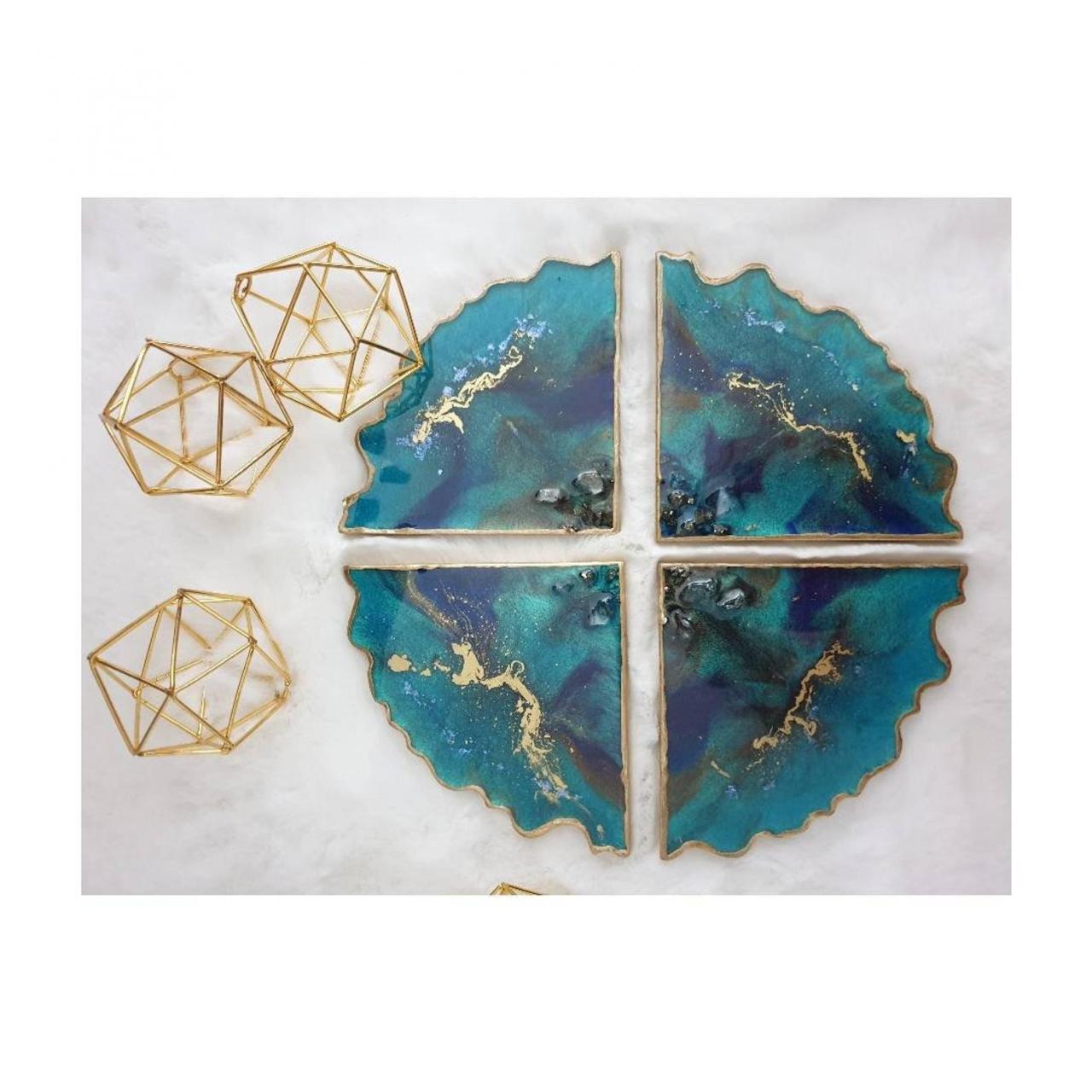 Turquoise & Blue With Crystals Resin Coasters Set