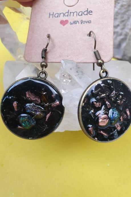Orgone Earrings with Shungite, Copper , Pyrite/ Healing Energies/ EMF protection/ Brass