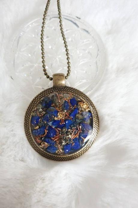 Lapis Lazuli Brass Pendant with Pyrite , Copper, Rose Quartz