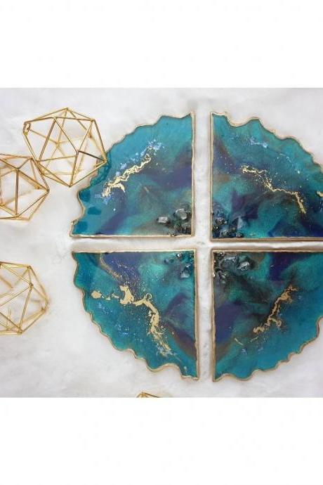 Turquoise &amp;amp;amp; Blue With Crystals Resin Coasters Set